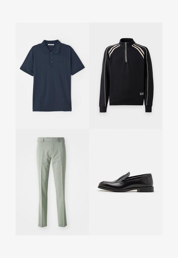 Čierny športový sveter s vysokým golierom, štvrť-zipsom na prednej strane, krémovými pruhmi a rebrovanými manžetami. Na leme sa nachádza označenie značky.; Námornícky modré polo tričko vyrobené z bavlny, s trojitou gombíkovou légou, krátkymi rukávmi a jemným logom na hrudi. Hladká textúra.; Svetlozelené šité nohavice s hladkou textúrou, rovný strih nôh a štandardným pásom s pútkami na opasok, vhodné na formálne nosenie.; Čierne kožené mokasíny s hladkou textúrou, zaoblenou špičkou a dekoračným pásikom cez priehlavok. Nízky vrstvený opätok, minimalistický dizajn.