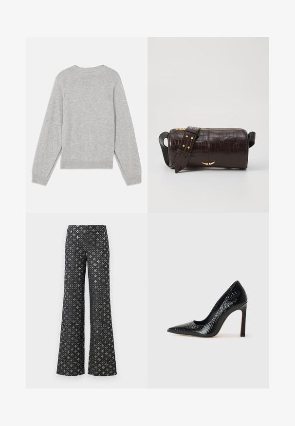 Vaaleanharmaa neulepaita, joka on valmistettu pehmeästä kankaasta. Siinä on pitkät raglanhihat, pyöreä pääntie sekä ribbireunukset hihansuissa ja helmassa. Yksinkertainen, saumatonta muotoilua.; Mustat leveät housut, joissa on paljetti-tekstuuri hopea-akselilla, luoden kuvioitua ilmettä koko kankaan alueelle.; Musta kapea nilkkakorkokenkä krokotiilin nahkakuviolla, joka on varustettu tyylikkäällä muotoilulla, korkealla stiletto-korkealla ja sileällä mustalla sisäosalla.; Ruskea krokotiilinkuosilla varustettu nahkalaukku, jossa on sylinterimäinen muoto, kultasävyiset yksityiskohdat ja irrotettava hihna, jossa on niittejä.