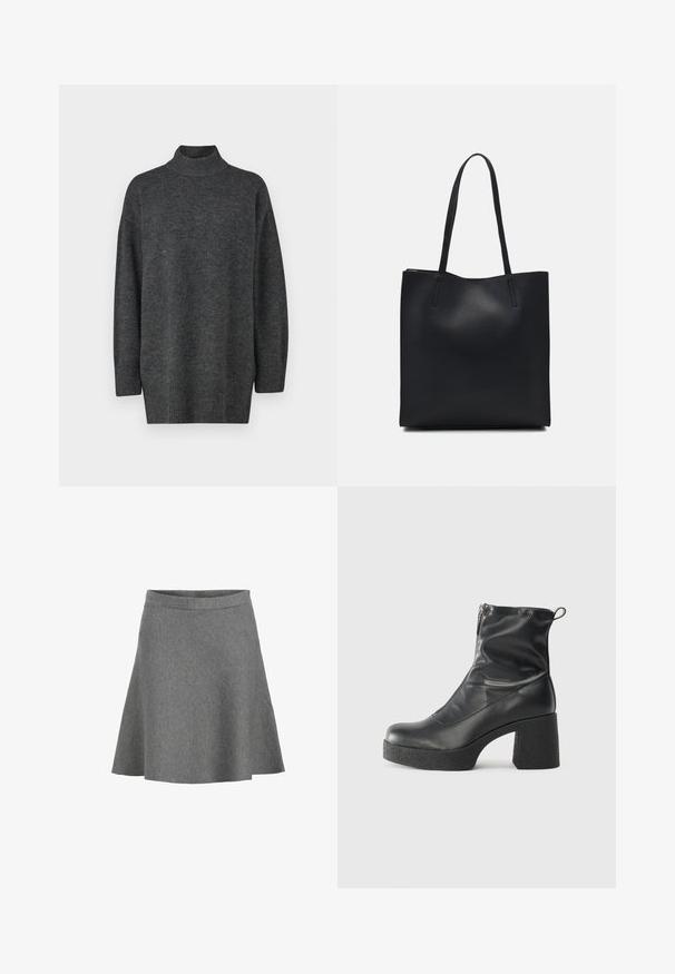 Dark gray, oversized turtleneck sweater made of soft knit material with long sleeves and ribbed hem; smooth texture, minimalistic design.; Gray flared skirt made of soft fabric, featuring a smooth waistband and a hem that gently flares out, with a subtle texture and no patterns.; Black ankle boots made of smooth leather, featuring a side zipper, chunky textured heel, and rounded toe design.; Black leather tote bag with smooth texture, rectangular shape, and two long handles. No visible hardware or embellishments.