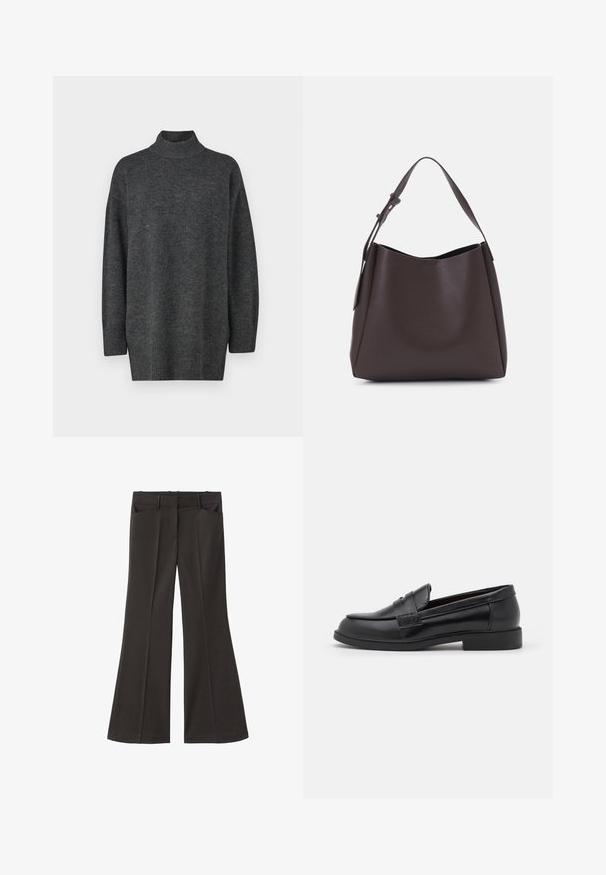 Tummanharmaa, ylisuurikokoinen pooloneule, joka on valmistettu pehmeästä neuloksesta, jossa on pitkät hihat ja ribbaushelma; sileä pinta, minimalistinen muotoilu.; Mustat vyötäröltä korkealla loistavat housut; niissä on kaksi etutaskua ja sileä kangaspinta. Sopii eri tilaisuuksiin.; Mustat nahka loaferit, joissa on sileä pinta, pyöreä kynsi, ommellut yksityiskohdat päällisessä ja matala, tasainen kumipohja.; Vero Moda VMLANE - Shopping bag - chocolate torte