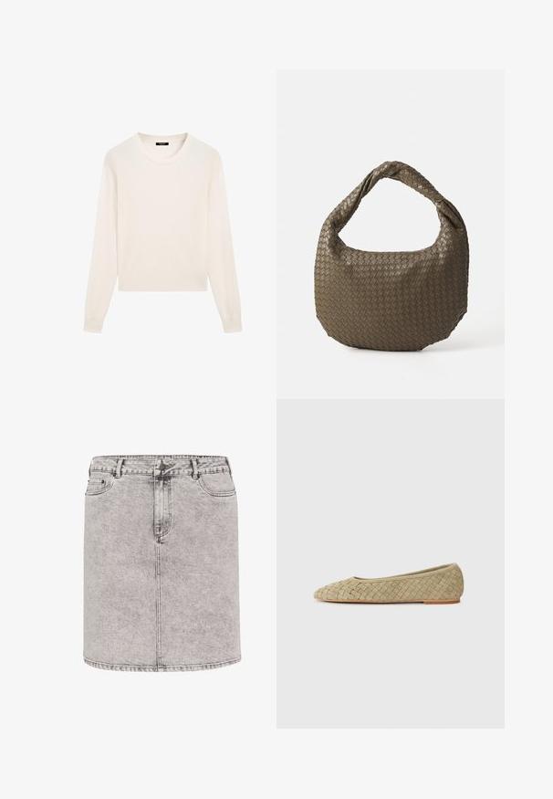 Pullover in Cremefarbe aus weichem Stoff, mit rundem Ausschnitt, langen Ärmeln und kurzem Saum. Einfaches und minimalistisches Design.; Jeansrock in hellgrau, mit Bleistiftform, vorderen Taschen und sichtbaren Steppnähten. Das Material hat eine leicht strukturierte Oberfläche.; Geflochtene beige Ballerinas mit spitzem Zehenbereich, weichem Material, niedrigem Profil und einer tanfarbene Gummisohle. Klassisches Design mit aufwendigen Details.; Geflochtene olivgrüne Handtasche mit runder Form und gedrehter Tragegriff. Strukturiert Oberfläche mit diagonaler Musterung. Reißverschlussverschluss.