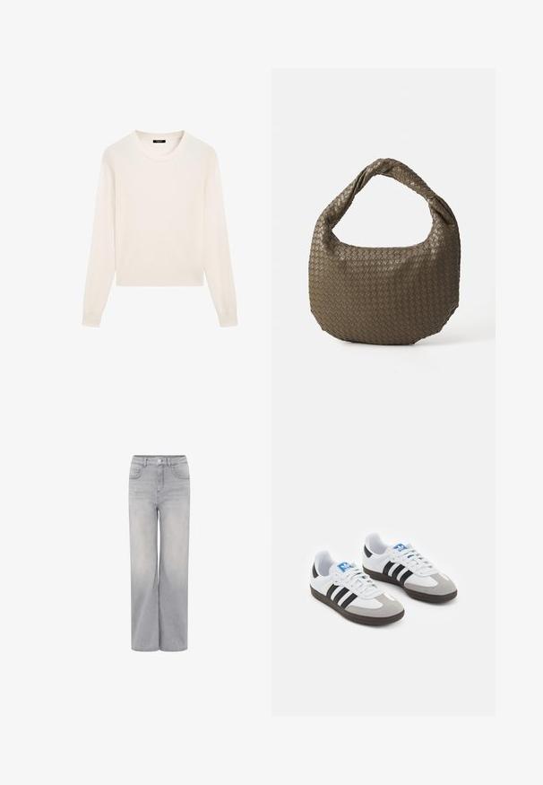 Pull de couleur crème en tissu doux, avec un col rond, des manches longues et un ourlet court. Design simple et minimaliste.; Jean large gris clair en denim, avec une taille haute, deux poches avant et une fermeture à bouton. Texture lisse avec une finition délavée.; Baskets avec une tige en cuir blanc, un bout en daim gris et trois bandes noires. Présente un logo bleu sur la languette et une semelle en caoutchouc texturée.; Sac à main en olive tissé de forme arrondie avec une poignée torsadée. La surface texturée présente un motif diagonal. Fermeture zippée.