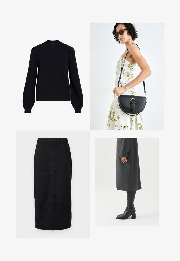 Black knit sweater with a crew neckline, full-length puff sleeves, and ribbed cuffs and hem. Soft texture with minimalistic design.; Black denim midi skirt with a straight silhouette, front button closure, and side pockets. It features a classic design and sturdy texture.; Gray, tailored overcoat with a straight cut; paired with knee-high black leather boots featuring a square toe and chunky heel.; Black leather handbag with a curved shape, detachable strap, and gold hardware. The bag features a flap with a buckle detail.