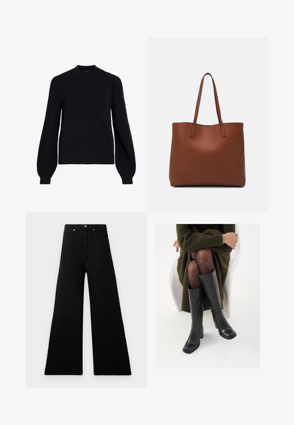 Camisola preta de malha com decote redondo, mangas compridas bufantes e punhos e bainha em malha canelada. Textura macia com design minimalista.; Calças de ganga pretas de perna larga com cintura alta, cinco bolsos, fecho frontal de botão e textura suave e macia.; Botas de couro pretas até ao joelho com biqueira quadrada e salto em bloco, apresentadas com um modelo sentado num casaco verde-azeitona. Textura lisa, com detalhes mínimos.; Bolsa tote de couro castanho com uma textura suave, design de abertura superior e duas alças para o ombro. Apresenta costura mínima e sem hardware visível.