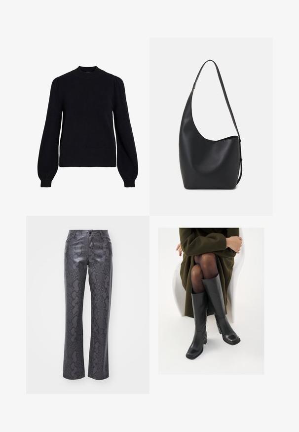 Fekete kötött pulóver kerek nyakkivágással, hosszú, puffadt ujjakkal és bordás mandzsettákkal valamint szegéllyel. Puha textúrájú, minimalista kialakítású.; Sötét szürke, kígyómintás műbőr nadrág. Elöl gombos záródással, egyenes lábakkal és klasszikus, öt zsebes kialakítással rendelkezik.; Térdfelett érő fekete bőr csizmák négyzet alakú orral és tömbtalppal, olajzöld kabátban ülő modellel bemutatva. Simaság, minimalista részletezés.; Fekete bőr hobo táska sima textúrával, ívelt formával és egyetlen állítható pánttal; széles nyílás található a tetején.