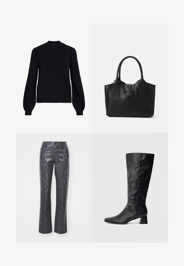 Melns džemperis ar apaļu kakla izgriezumu, pilna garuma uzpūstas piedurknes un ribotas aproces un apakšmala. Mīksta tekstūra ar minimālistisku dizainu.; Mākslīgās ādas bikses tumši pelēkā krāsā ar čūsku rakstu. Tām ir priekšējais pogu aizdare, taisnas kājas un klasiskā piecu kabatu dizains.; Melnas mid-calf ādas zābakus ar norādītu degunu un blokveida papēdi uz vienkārša gaiša fona.; Melnas ādas somiņa ar gludu tekstūru, strukturētu formu, divām rokturām un izteiktu sudraba sprādzi priekšpusē.