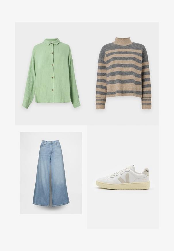 Raidallisen neulepaidan harmaan ja beigen sävyiset värit, korkea kaulus, leveät hihansuut ja rento istuvuus lyhyellä leikkauksella.; Vaaleanvihreä, kauluksellinen nappipaita, jossa on teksturoitu kangas, pitkät hihat ja ruskeat napit edessä. Rentoa mitoitusta ja pehmennetty pinta.; Vaaleansiniset leveälahkeiset farkut korkealla vyötäröllä, edessä nappi- ja vetoketjukiinnitys, sekä etu- ja takataskut yksinkertaisella taustalla.; Valkoiset nahkakengät, joissa on vaaleanruskeat pigmenttisuojat, rei'itetty kärki, litteät nauhat ja teksturoitu kermaisa pohja. Takana on huomaamaton brändäys.