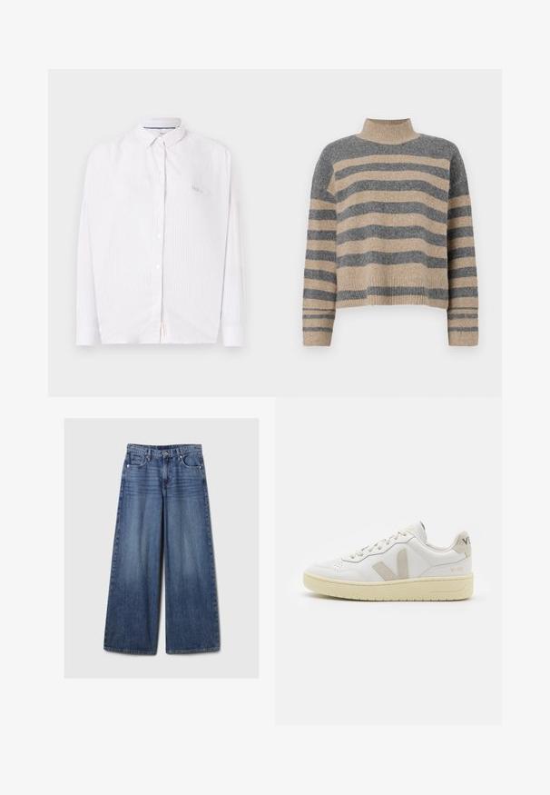 Prajčast pulover z šivi v sivi in bež barvi, visokim ovratnikom, širokimi manšetami in sproščenim krojem s skrajšano zasnovo.; Bela majica z dolgimi rokavi s svetlo modrimi navpičnimi črtami, s sprednjim gumbom in ovratnikom; na levi strani prsi ima majhen logotip.; Široke jeans hlače iz modrega denima z bledečim finišem, z gumbom in zadrgo, petimi žepi in zanko za pas.; Bela usnjena tenisača z bež semiš poudarki, perforiranim prednjim delom, ravnimi vezalkami in strukturiranim kremnim podplatom. Ima diskretno blagovno znamko na peti.