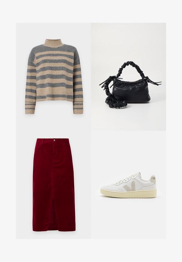 Prúžkovaný pletený sveter s šedými a béžovými farbami, vysokým golierom, širokými manžetami a voľným strihom s krátkym dizajnom.; Bordová kordová sukňa s rovný fit, predným rozparkom, priečnymi pútkami na opasok a dvoma vreckami, s predným zapínaním na gombík.; Biele kožené tenisky s béžovými semišovými akcentmi, perforovanou špičkou, plochými šnúrkami a textúrovanou krémovou podrážkou. Obsahujú jemné označenie na päte.; Čierna umelá kožená kabelka s kroko vzorom, sťahovaným vrchom a zhnutým popruhom. Vyzerá mäkko a kompaktné v dizajne.