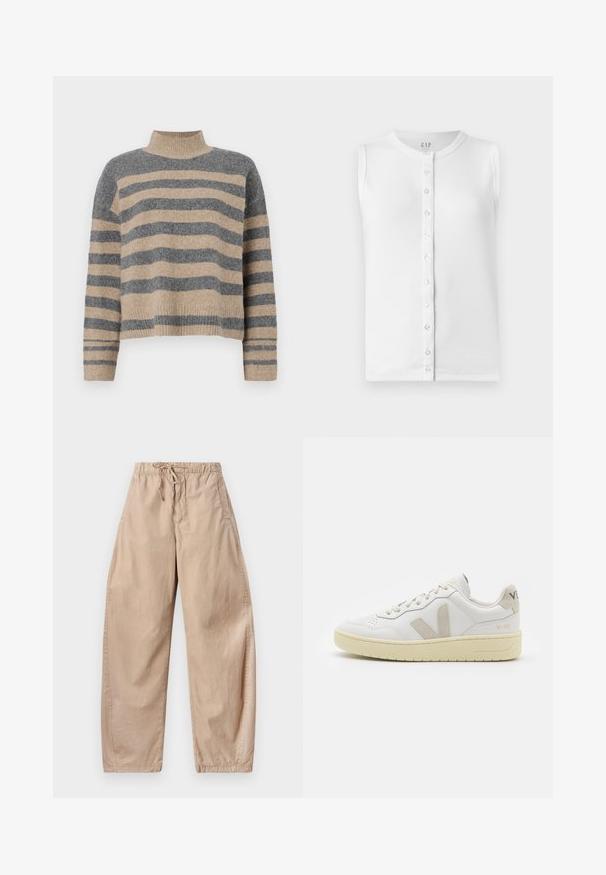 Sweater de malha às riscas com cores cinza e bege, gola alta, mangas largas com punhos e um corte solto com design cropped.; Top branco sem mangas feito de tecido canelado, apresentando um decote em volta e uma frente com botões transparentes.; Calças largas de algodão bege com cintura elástica e cordão, apresentando bolsos laterais e uma textura suave e leve.; Sapatilha de couro branca com detalhes em camurça bege, biqueira perfurada, atacadores planos e sola texturizada creme. Apresenta uma marcação subtil no calcanhar.