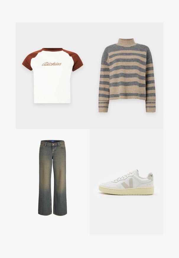 Sweater de malha às riscas com cores cinza e bege, gola alta, mangas largas com punhos e um corte solto com design cropped.; T-shirt de manga curta com corpo branco e mangas raglan castanhas. Apresenta "Dickies" em costura estilizada horizontalmente no peito. Textura suave.; Jeans de ganga azul de pernas largas com um gradiente de claro para escuro, design de cinco bolsos e fecho em botão. Detalhes cosidos nas bordas.; Sapatilha de couro branca com detalhes em camurça bege, biqueira perfurada, atacadores planos e sola texturizada creme. Apresenta uma marcação subtil no calcanhar.
