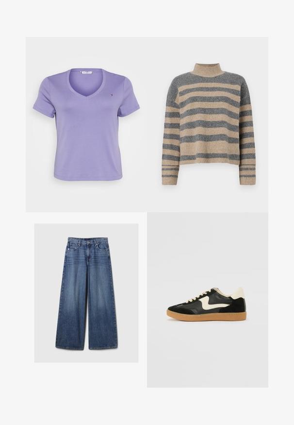Prugasti pleteni džemper u sivoj i bež boji, s visokim ovratnikom, širokim rukavima s manžetama i opuštenim krojem koji je skraćen.; Ljubičasta majica s V izrezom izrađena od mekog pamuka, s kratkim rukavima i malim logotipom na lijevoj strani prsnog dijela. Jednostavan dizajn.; Široke plave traperice s izblijedjelim finišom, s kopčanjem na gumb i patentni zatvarač, pet džepova i petljama za remen.; Crna nubuk i kožna tenisica s kremastim bočnim swooshom i svijetlom kremastom petom. Sadrži bež vezice i gumu na potplatu.