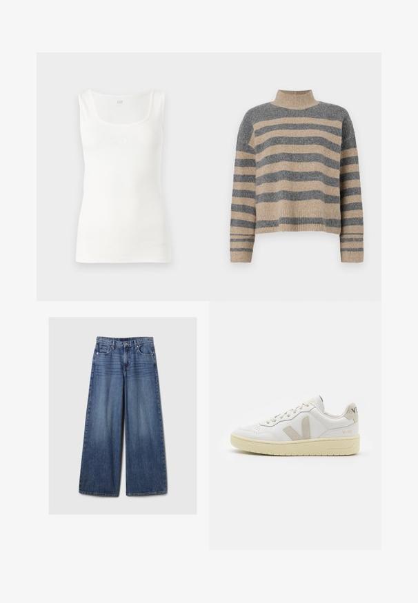 Raitaināta džemperis ar pelēkajām un bežām krāsām, augstu apkakli, platām aprocēm un brīvu piegriezumu ar īsu dizainu.; Balts ribots topiņš ar kvadrātveida kakla izgriezumu un vārdu "GAP" izspiests saskaņotā krāsā uz priekšpuses.; Platām kājām zila denima bikses ar izbalējušu apdari, ar pogu un rāvējslēdzēju, pieciem kabatām un jostu cilpām.; Baltas ādas sporta apavu pāris ar bēšiem zamša akcentiem, caurumiņu purngalā, plakanu šņorēšanu un teksturētu krēmkrāsas zoli. Iezīmējas ar diskrētu zīmolu uz papēža.