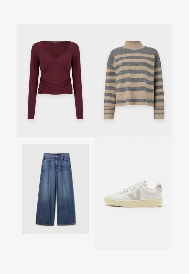 Prúžkovaný pletený sveter s šedými a béžovými farbami, vysokým golierom, širokými manžetami a voľným strihom s krátkym dizajnom.; Bordové tričko s dlhými rukávmi a hranatým výstrihom, s nariasenými stranami a priliehavým strihom z mäkkej elastickej látky.; Džíny s širokými nohavicami v modrej farbe s vyblednutým povrchom, s gombíkom a zipsom, piatimi vreckami a pútkami na opasok.; Biele kožené tenisky s béžovými semišovými akcentmi, perforovanou špičkou, plochými šnúrkami a textúrovanou krémovou podrážkou. Obsahujú jemné označenie na päte.