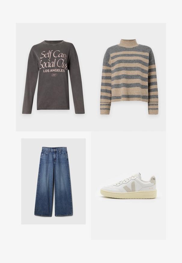 Triibuline kudumipusa, millel on hallid ja beezid toonid, kõrge kaelus, laiad mansetid ja vabalt langev lõige koos lühendatud disainiga.; Hallide hallid varrukad t-särk pehmest kangast, millel on suur roosa graafiline trükk, millel on kirjas "Self Care Social Club Los Angeles" koos asutamise kuupäevaga.; Laiad sinised denimpüksid, millel on pleekinud viimistlus, nupp ja lukuga sulgemine, viis taskut ning vööaasad.; Valge nahast tenniseking, millel on beežist siidist aktsent ja aukudega varvas, lame paelad ja tekstureeritud koorevärvi tallad. Omab nüansirikast brändimist kannal.