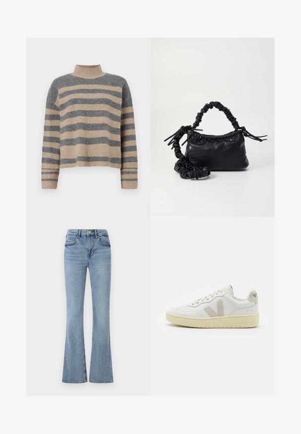 Striped knit sweater featuring gray and beige colors, high neck, wide cuffed sleeves, and a relaxed fit with a cropped design.; Light blue denim jeans with a high waist, front button and zipper, five pockets, and slightly flared legs.; White leather sneaker with beige suede accents, perforated toe box, flat laces, and a textured cream sole. Features subtle branding on heel.; Black faux leather handbag with a crocodile texture, cinched top, and a scrunched strap. Appears soft and compact in design.