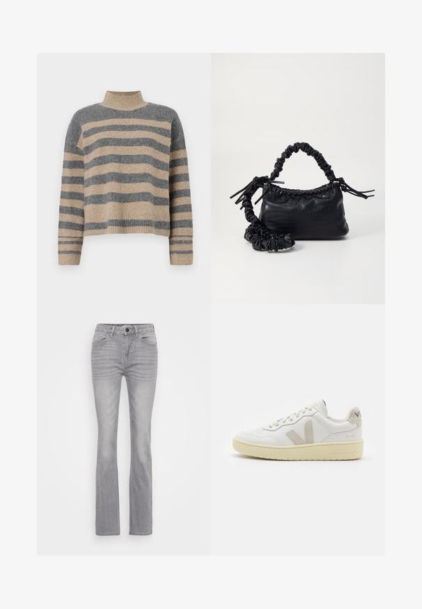 Triibuline kudumipusa, millel on hallid ja beezid toonid, kõrge kaelus, laiad mansetid ja vabalt langev lõige koos lühendatud disainiga.; Hallide teksad laia jala disainiga, klassikalise viie tasku stiiliga ja nööpidega kinni pandud. Tekstuuriga kangas, kerge pleekimisega.; Valge nahast tenniseking, millel on beežist siidist aktsent ja aukudega varvas, lame paelad ja tekstureeritud koorevärvi tallad. Omab nüansirikast brändimist kannal.; Must must sünteetilisest nahast käekott, millel on krokodillimuster, kokku tõmmatav ülaosa ja kortsus rihm. Tundub pehme ja kompaktne disain.