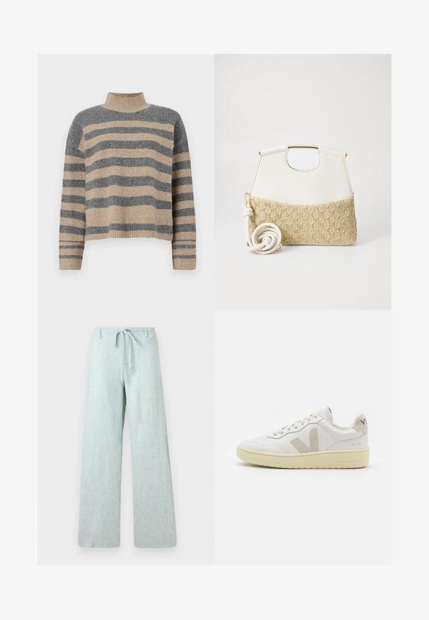 Stripet strikkegenser som har grå og beige farger, høy hals, brede mansjetter og en avslappet passform med kort design.; Lysegrønne vide bukser i struktureret stof. Har elastisk talje med snor og en knaplukning, samt lodrette striber gennem hele.; Hvite lær sneakers med beige semsket detaljer, perforert tåboks, flate lisser og en teksturert kremfarget såle. Har subtil branding på hælen.; Hvit lærveske med en teksturert kremfarget vevd bunn. Har en gullfarget håndtak og en spiralformet hvit stropp for allsidighet.