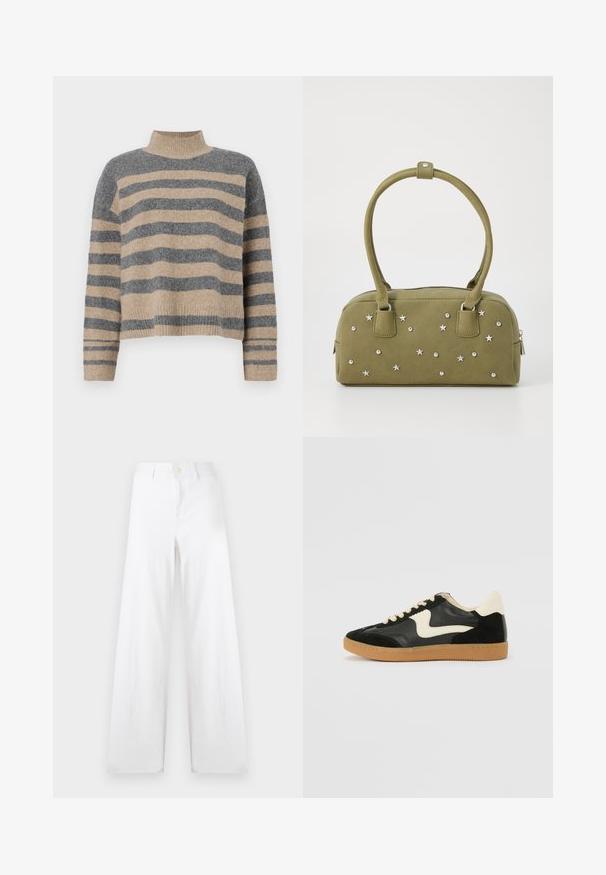 Gestreifter Strickpullover in Grau- und Beigetönen, mit hohem Kragen, breiten Bündchen an den Ärmeln und einer lockeren Passform im verkürzten Design.; Weiße weit geschnittene Baumwollhosen mit Knopfverschluss und klaren Linien. Der Stoff hat eine weiche Textur mit einer glatten Oberfläche.; Schwarze Wildleder- und Leder-Sneaker mit einem cremefarbenen Seiten-Swoosh und einer hellcremefarbenen Ferse. Ausgestattet mit beige Schnürsenkeln und einer Gummilaufsohle.; Olivengrüne Kunstwildleder-Handtasche mit silbernen Stern- und Niete-Applikationen. Sie verfügt über zwei kurze Griffe und einen Reißverschluss oben.