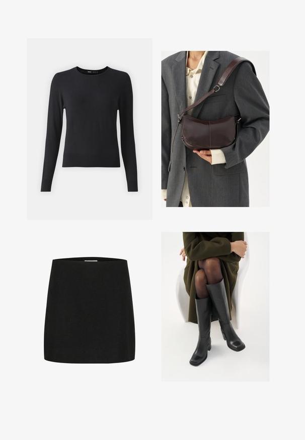 Svart genser med lange ermer laget av mykt stoff, med rund hals og ribbet kant. Enkel, jevn tekstur uten synlige mønstre.; Svart miniskjørt laget av teksturert stoff, med en enkel, rett snitt uten synlige utsmykninger eller mønstre.; Knæhøye sorte lærstøvler med firkantet tå og blokkhelt, vist med en modell som sitter iført en olivengrønn kåpe. Glatt tekstur, minimal detaljering.; Brun lærveske med en buet design, med en avtakbar stropp, glatt tekstur og synlige sømdetaljer.