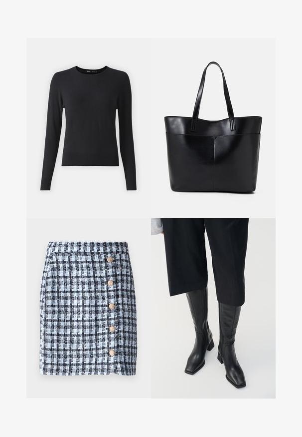 Fekete, hosszú ujjú pulóver, puha anyagból készült, kerek nyakkivágással és bordázott hemrésszel. Egyszerű, sima textúrájú, látható minták nélkül.; Kockás, világoskék és fekete színű, mini szoknya, öt arany tónusú gomb díszítéssel és egyenes szabással. Strukturált, texturált felülettel rendelkező anyag.; Fekete bőrből készült, térdig érő csizmák négyzet alakú orral és blokk sarkal. Oldalsó cipzárral rendelkezik és sima textúrával bír.; Fekete bőr bevásárlótáska két hosszú fogantyúval, sima felülettel és strukturált formával. Elülső zseb található rajta a plusz tárolás érdekében.