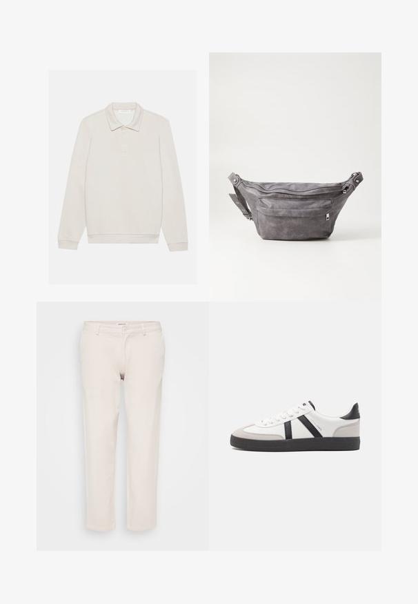 Roomkleurige polo met lange mouwen van zacht materiaal. Heeft een klassieke kraag, een drie-knopen sluiting en geribbelde manchetten.; Beige katoenen broeken met een rechte pasvorm, voorzien van een knoopsluiting, riemlussen en zonder zichtbare patronen of texturen.; Witte sneaker met zwarte en grijze accenten, voorzien van een grijze neus met textuur, zwarte rubberen zool en platte witte veters. Schoon ontwerp, minimalistische stijl.; Grijze suède heuptas met een ronde vorm, twee met rits afgesloten compartimenten en een verstelbare band. Voorzien van metalen accenten.