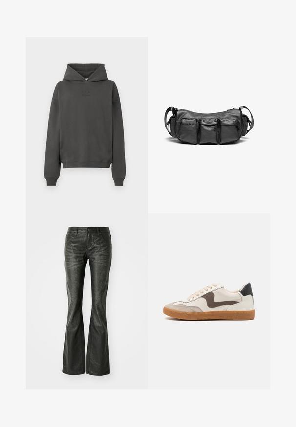 Ciemnoszara bluza z kapturem wykonana z miękkiego materiału, z regulowanym kapturem, ściągaczami na rękawach i dyskretnym logo nadrukowanym na przodzie.; Czarne, sztuczne skórzane spodnie o rozszerzanym kroju z przednimi kieszeniami, metalowym zapięciem na guzik oraz lekko fakturowaną powierzchnią. Prosty krój nogawek z długim cięciem.; Sneakers z górną częścią z kremowej skóry z akcentem z ciemno-brązowego zamszu, beżowymi sznurowadlami i podeszwą z gumowej gumy; klasyczny niski profil.; Czarna skórzana torba na ramię z teksturowanym wykończeniem. Posiada trzy zewnętrzne kieszenie i regulowany pasek. Kompaktowy, zaokrąglony kształt.