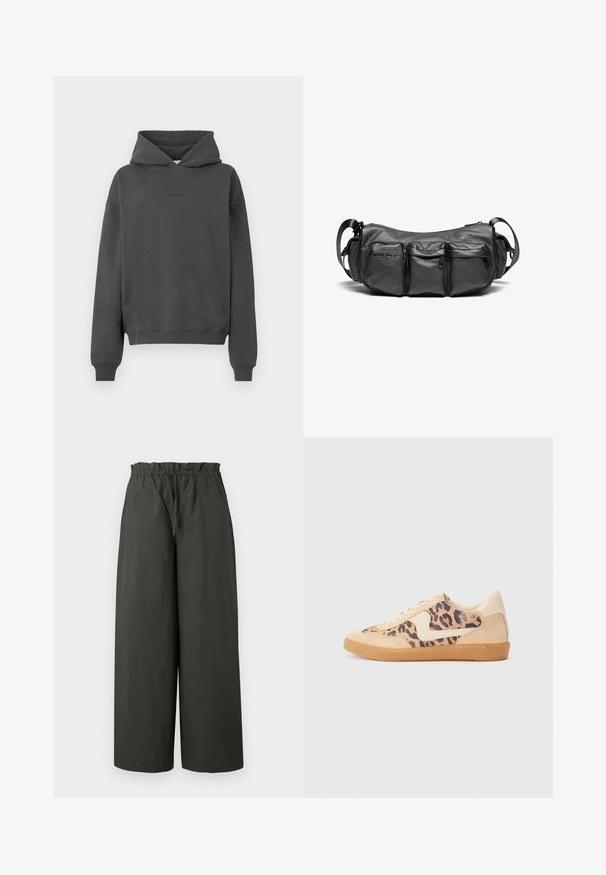 Tmavě šedá mikina s kapucí z měkkého materiálu, s šňůrkou u kapuce, žebrovanými manžetami a diskrétním logem potištěným na přední straně.; Světlé kalhoty ve volném střihu z tmavě zelené tkaniny, s elastickým pasem a hladkou strukturou, bez viditelného kování nebo vzorů.; Tenisky s leopardím vzorem, s béžovým semišovým svrškem, hnědou gumovou podrážkou a bílými akcenty. Kulatý špička a šněrovací design s texturovaným povrchem.; Černá kožená taška přes rameno s texturovaným povrchem. Obsahuje tři vnější kapsy a nastavitelný popruh. Kompaktní, zaoblený tvar.