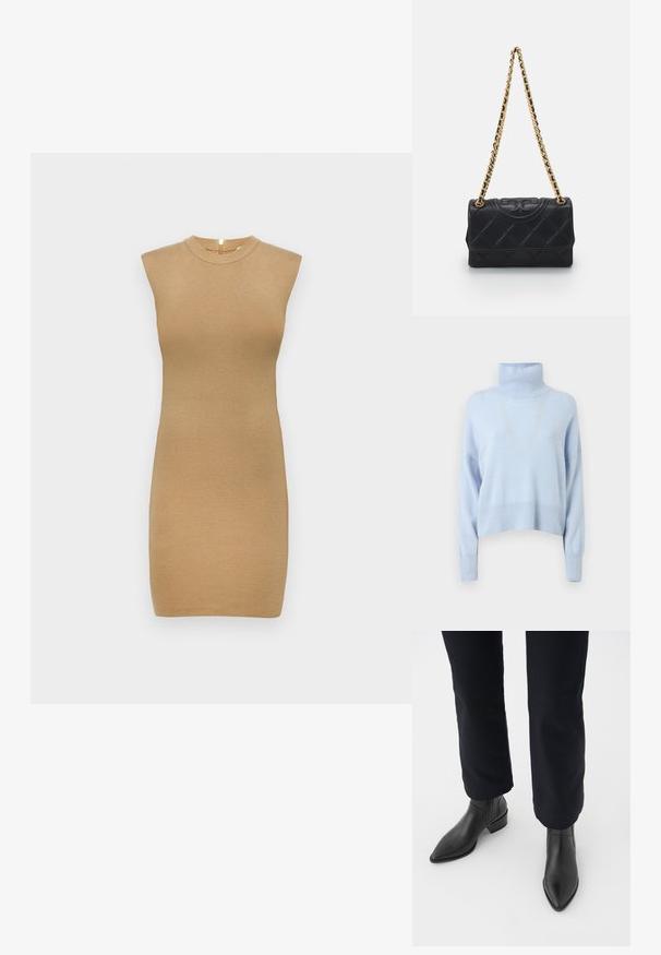 Pulover cu guler înalt de culoare albastru deschis, realizat dintr-un material moale, cu un design scurt, mâneci lungi și manșete și tiv cu nervuri.; Rochie tricotată fără mâneci, de culoare bej deschis, având un guler înalt și o siluetă ajustată. Textură fină cu detalii minime.; Bocanci din piele neagră, până la gleznă, cu vârf ascuțit, toc pătrat și panouri laterale texturate, purtați cu pantaloni închiși la culoare, pe un fundal alb.; Geantă de mână din piele matlasată neagră cu o curea din lanț auriu, având un logo texturat pe față și o formă rectangulară.