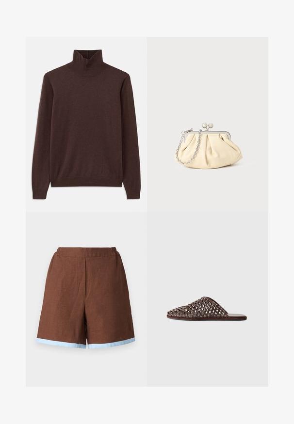 Pruun turtleneck-svetar, mis on valmistatud pehmest kangast, omab istuvat disaini ja soonikkoes kaelust. Pikad varrukad ja sile tekstuur ilma mustriteta.; Pruunist linast valmistatud lühikesed püksid elastse vöökohtaga, millel on helesinine äär. Disain on kohandatud külje taskutega ja sirge lõikega.; Pruun kudumine slaidisandaal ümmarguse varbaga, avatud disainiga, lame tallaga ja tekstureeritud pinnaga. Kerge materjal ja minimalistlik siluett.; Kortsus beežist nahast kotike, millel on hõbedane metallraam, kaunistatud kahe ümmarguse dekoratiivse lukuga ja hõbedase ketispideme.