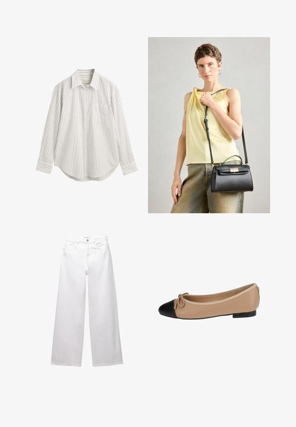 Sweter o prążkowanym wzorze z czarno-kremowym motywem, wykonany z fakturowanej tkaniny, z długimi rękawami i okrągłym dekoltem.; Biała koszula z długim rękawem, z wąskimi granatowymi paskami, z kieszonką z przodu i zaokrąglonym dołem. Wykonana z lekkiej mieszanki bawełny.; Białe dżinsy w stylu wide-leg wykonane z denimu. Posiadają zapięcie na guzik, kieszenie z przodu i z tyłu oraz przeszycia. Gładka tekstura z minimalnymi detalami.; Baletki w beżowej skórze z czarnym noskiem. Posiadają detal w postaci kokardki z przodu oraz gładką fakturę. Niska sylwetka z gumową podeszwą.; Czarna skórzana torebka o strukturalnym designie, z górnym uchwytem i regulowanym paskiem. Gładka tekstura i szczegół z zapięciem ze złotego metalu.