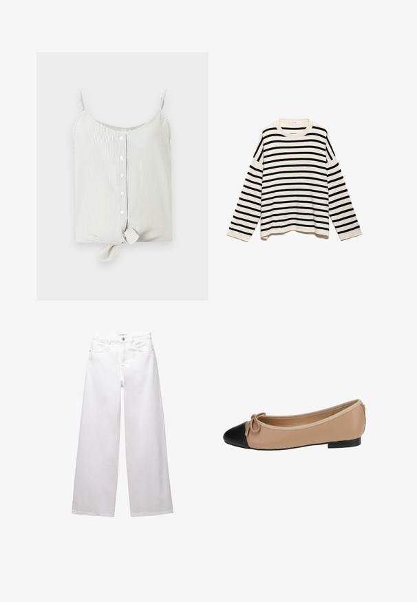 Striped pullover sweater featuring a black and cream pattern, made from textured fabric, with long sleeves and a round neckline.; Striped sleeveless top in light green and white, featuring button front and knot detail at hem. Smooth fabric, relaxed fit.; White wide-leg jeans made from denim. Features button closure, front and back pockets, and stitched seams. Smooth texture with minimal detailing.; Ballet flat in beige leather with a black cap toe. Features a front bow detail and a smooth texture. Low profile design with a rubber sole.