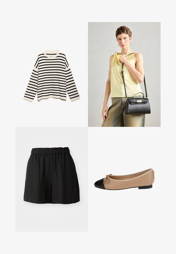 Pruhovaný svetr s černobílým vzorem, vyrobený z texturované látky, s dlouhými rukávy a kulatým výstřihem.; Černé kraťasy s elastickým pasem, volný střih, hladká textura a délka ke kolenům. Bez viditelných vzorů nebo hardwaru.; Béžové baleríny z kůže s černým špičkovým dílem. Obsahují detail mašle na přední straně a hladký povrch. Nízký profil s gumovou podrážkou.; Černá kožená kabelka se strukturovaným designem, horním uchem a nastavitelným popruhem. Hladký povrch a detail zlatého kovového klipsu.
