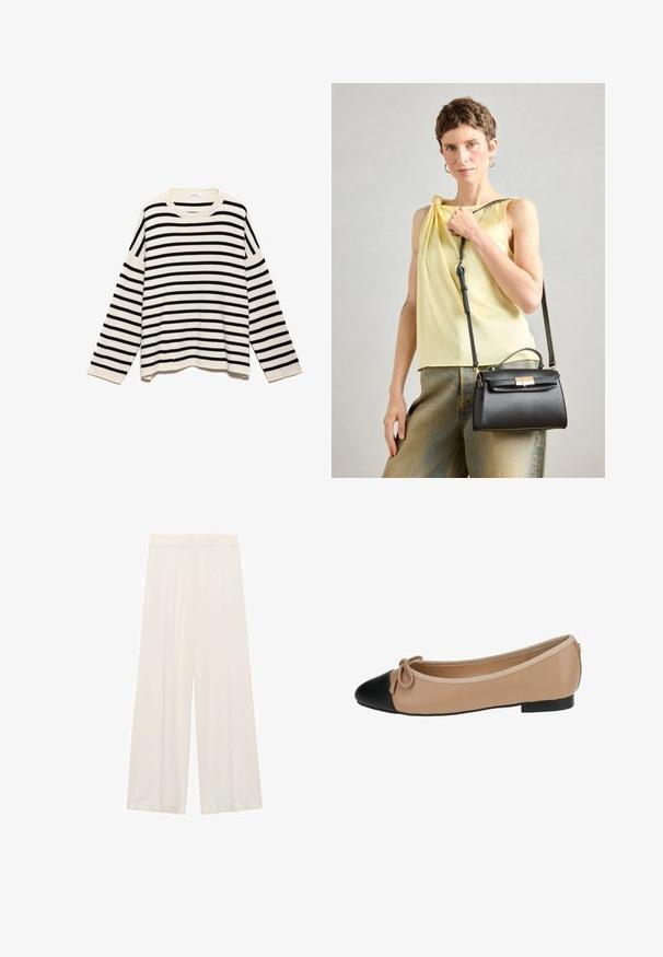 Stripet pullovertrøje med et sort og creme mønster, lavet af tekstureret stof, med lange ærmer og en rund halsudskæring.; Viddebukser fremstillet af let stof, i en ensfarvet off-white farve, med en glat tekstur og uden synlige mønstre eller hardware-detaljer.; Ballet flade i beige læder med spids sort tå. Har en frontsløjfe detalje og en glat tekstur. Lav profil design med en gummisål.; Sort læderhåndtaske med struktureret design, topbærerhåndtag og justerbar rem. Glat tekstur og detaljer med guldlås.