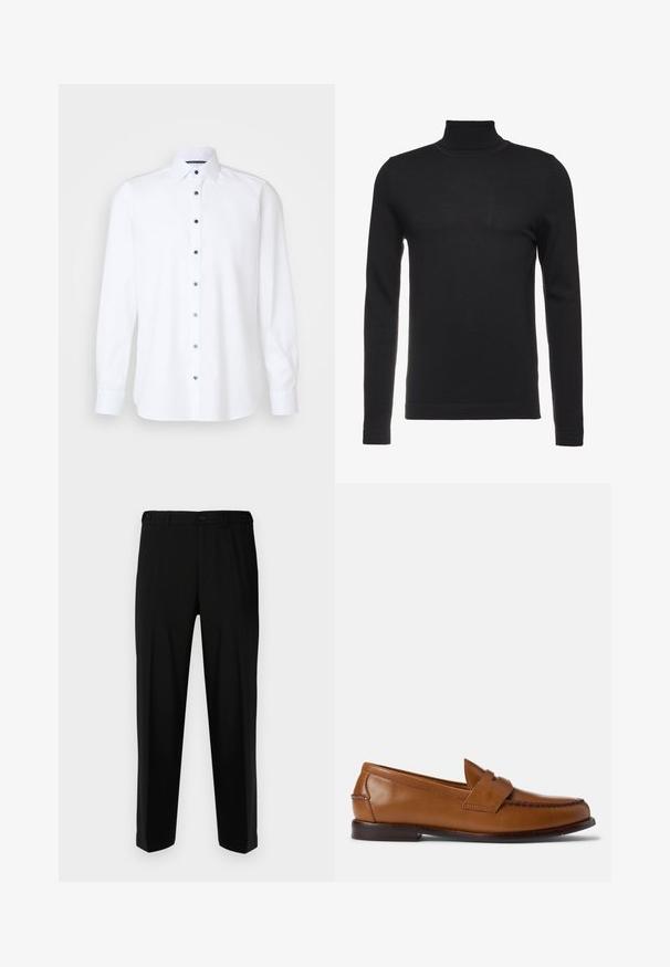 Schwarzer Rollkragenpullover aus weichem, geripptem Stoff. Figurbetontes Design mit langen Ärmeln und hohem Kragen. Minimalistischer Stil, keine sichtbaren Muster.; OLYMP Level Five Businesshemd - weiss; Schwarze Hosen aus glattem Stoff, mit geradem Schnitt, zwei vorderen Taschen und einem Reißverschluss mit Knopfverschluss.; Braune Lederlackschuhe mit flacher Sohle, abgerundetem Zehenbereich und dekorativer Stickerei. Enthält eine gestickte Verzierung über die Oberseite und eine glatte Oberfläche.
