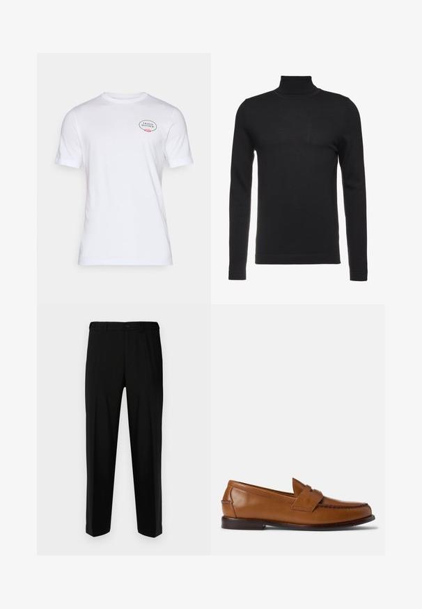 Suéter negro de cuello alto hecho de tejido suave y acanalado. Diseño ajustado con mangas largas y un cuello alto. Estilo minimalista, sin patrones visibles.; Camiseta blanca de algodón con mangas cortas, cuello redondo y un logotipo con acentos florales en el área del pecho izquierdo.; Pantalones negros de tela suave, con corte recto, dos bolsillos frontales y cremallera con cierre de botón.; Mocasines de cuero marrón con suela plana, punta redondeada y costuras decorativas. Presenta un detalle cosido en la parte superior y un acabado suave.