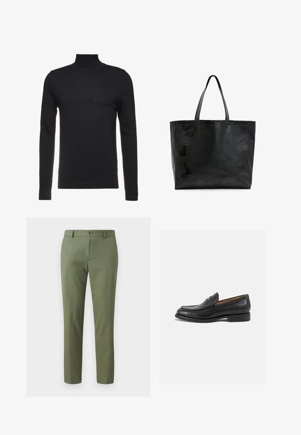 Melnā turtlenecka džemperis, izgatavots no mīksta, ribota auduma. Pieguļošs dizains ar garām piedurknēm un augstu apkakli. Minimalistiska stila, bez redzamām rakstām.; Zaļas bikses, kas izgatavotas no faktūras auduma, ar pieguļošu piegriezumu, taisnām kājām un pogu aizdari priekšpusē. Piemērotas ikdienas vai oficiālām lietām.; Melnas ādas loafers ar gludu apdari, noapaļotu purngalu un dekoratīvām šuvēm uz virsu. Zems, sakrauta papēža un neliels spīdums.; Melnas ādas somas ar izspiestām burtiem uz virsmas, aprīkotas ar divām izturīgām rokturiem un plašu, strukturētu dizainu.