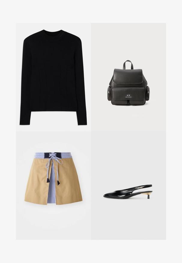 Czarny sweter z długim rękawem i okrągłym dekoltem, wykonany z gładkiego materiału. Posiada pionowe szwy dla lepszej struktury oraz teksturowane logo na kołnierzu.; Beżowa spódnica z niebieskim paskiem w paski, z wiązanym przodem i czarnymi akcentami. Gładki materiał, do połowy uda, z dopasowanym krojem.; Czarne czółenka na obcasie typu slingback z ostrym noskiem, błyszczące, skórzane wykończenie oraz mały obcas z złotym akcentem. Smukły design z otwartym tyłem.; Czarna skórzana plecak z klapą, przednią kieszenią, bocznymi kieszeniami na zamek oraz uchwytem u góry. Ma logo na przedniej stronie.