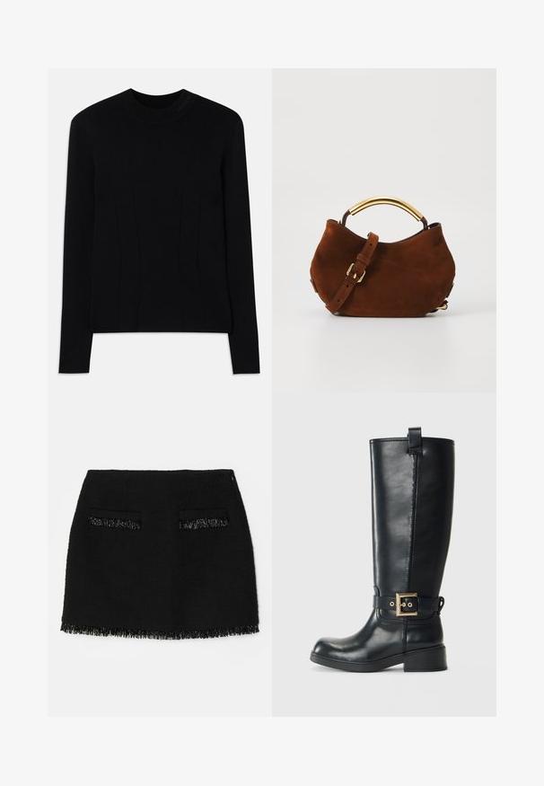 Black long-sleeve sweater with a round neck, made from a smooth fabric. Features vertical seams for structure and textured branding on the collar.; Black skirt featuring a textured fabric with two front pockets and a fringe hem detail. The overall shape is a fitted A-line design.; Black knee-high leather boot with a low block heel, decorative gold buckle strap around the ankle, and a pull tab at the top.; Brown suede handbag with a curved gold-tone handle, adjustable strap, and soft texture. Features minimalistic design and no visible hardware.