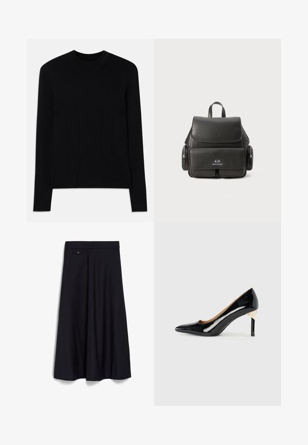 Melnas garām piedurknēm džemperis ar apkakli, izgatavots no gludas auduma. Tam ir vertikālas vīles struktūrai un teksturēta zīmola apdruka uz apkakles.; Melnā, ceļgala garuma svārki ar plašu, plūstošu dizainu. Iespējama plakana jostasvieta priekšā un viens pogas akcents priekšējā kabatā.; Melnas lakotas ādas augstpapēžu kurpes ar norādītu purngalu un izgriezumu dizainu; ar elegantu zelta akcentu uz papēža. Vienkāršas un elegantas.; Melna ādas mugursoma ar atloku aizdari, priekšējo kabatu, sānu rāvējslēdzēju nodalījumus un augšējo rokturi. Iezīmēta ar logo detaļām priekšpusē.