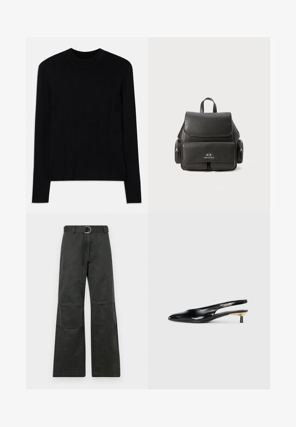 Black long-sleeve sweater with a round neck, made from a smooth fabric. Features vertical seams for structure and textured branding on the collar.; Black wide-leg pants with a mid-rise waist, featuring a belt with a silver circular buckle, and detailed with knee patches.; Black slingback pump with a pointed toe, glossy leather finish, and a small heel with a gold accent. Sleek design with a open back.; Black leather backpack with a flap closure, front pocket, side zipper compartments, and a top handle. Features logo detailing at the front.