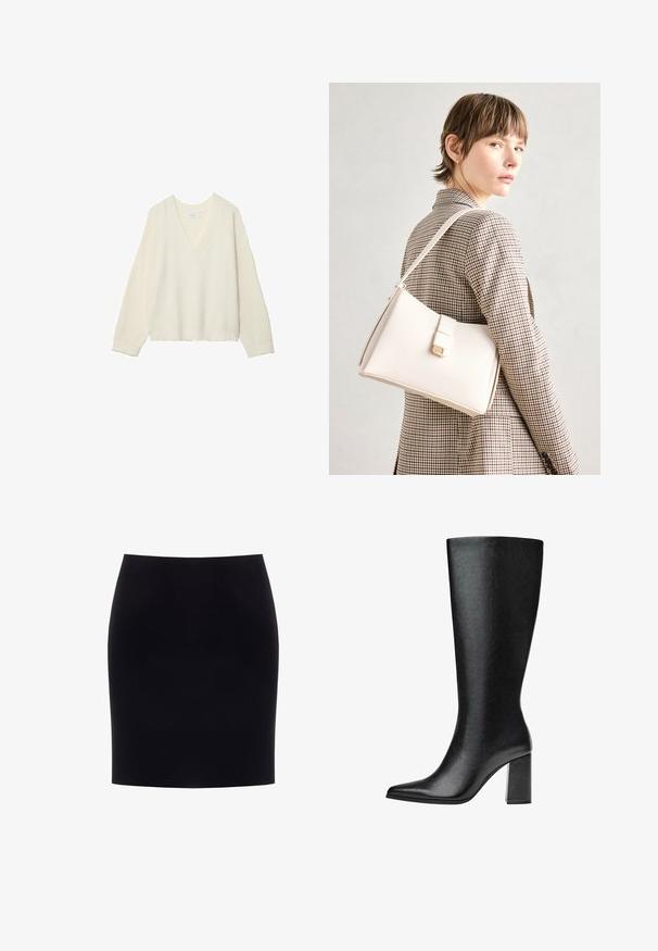 Maglione a V, di colore crema, con texture a costine, dalla vestibilità ampia e maniche lunghe. Materiale morbido, lunghezza cropped, con un delicato motivo a maglia.; Gonna a tubino nera fino al ginocchio con vita aderente e tessuto liscio e semplice, esposta su uno sfondo bianco.; Stivale nero al ginocchio realizzato in pelle sintetica, con punta affusolata, texture liscia e tacco a blocco spesso. Design minimalista senza decorazioni visibili.; Borsa a mano in pelle bianca con un design strutturato, presente di un clasp magnetico e una tracolla, esposta su uno sfondo neutro.