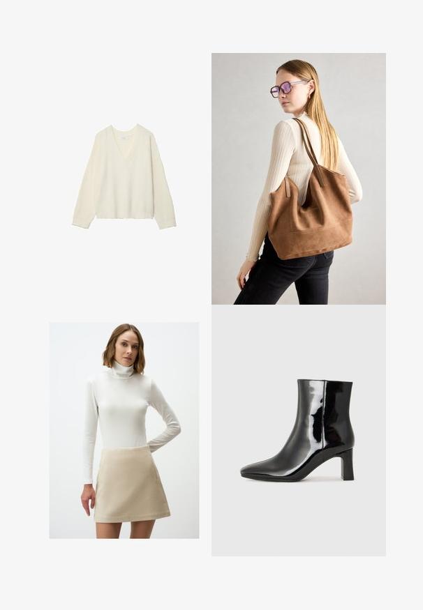 Sweter w kolorze kremowym z dekoltem w serek, o prążkowanej strukturze, luźnym kroju i długich rękawach. Miękki materiał, skrócona długość, z delikatnym wzorem dzianiny.; Beżowa spódnica w kształcie litery A wykonana z miękkiego materiału o gładkiej teksturze, z kieszonką po bokach, zestawiona z dopasowanym białym swetrem z długim rękawem i golfem.; Czarne lakierowane botki za kostkę z wysmukłym noskiem i średniej wysokości obcasem w kształcie słupka. Gładka tekstura i minimalistyczny design.; Brązowa torebka typu tote wykonana z zamszu o miękkiej teksturze, z dużym otwarciem i długimi paskami. Charakteryzuje się prostym designem z widocznymi szwami i bez elementów metalowych.