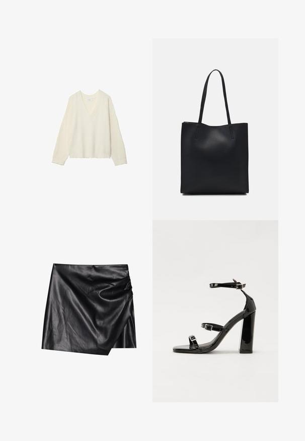 V-ringad, krämfärgad tröja med ribbad struktur, lös passform och långa ärmar. Mjuk material, kort längd, med ett subtilt stickat mönster.; Svart läder minikjol med en omslagdesign, som har en mjuk, slät textur och subtila draperingsdetaljer på ena sidan.; Svarta lackerade klacksandaler med fyrkantig tå, ankelremmar och silverfärgade spännen. Har en kraftig blockklack för stabilitet.; Svart lädertoffelväska med slät textur, rektangulär form och två långa handtag. Ingen synlig hårdvara eller dekorationer.