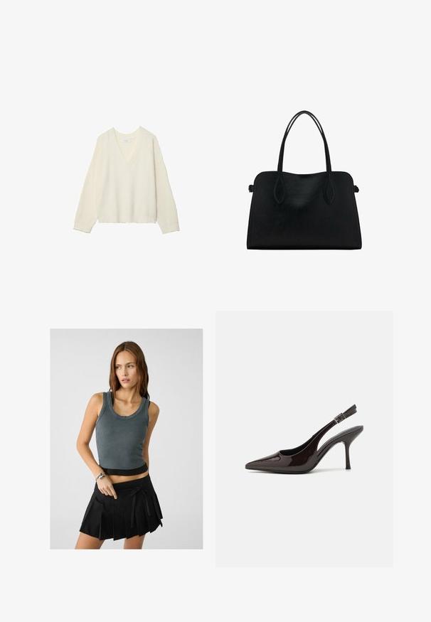 Maglione a V, di colore crema, con texture a costine, dalla vestibilità ampia e maniche lunghe. Materiale morbido, lunghezza cropped, con un delicato motivo a maglia.; Top in cotone grigio a coste con scollatura rotonda e bordo nero, abbinato a una mini gonna nera plissettata con dettaglio annodato davanti.; Scarpa con tacco alto tipo slingback in pelle verniciata marrone scuro lucido, punta affusolata, lati aperti e cinturino alla caviglia regolabile.; Borsa a mano in pelle nera con doppio manico, forma rettangolare e design minimalista su sfondo bianco.