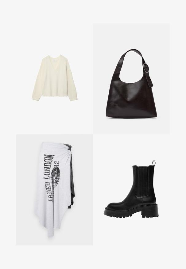 Sweter w kolorze kremowym z dekoltem w serek, o prążkowanej strukturze, luźnym kroju i długich rękawach. Miękki materiał, skrócona długość, z delikatnym wzorem dzianiny.; Jaded London - Spódnica z zakładką; Czarne skórzane botki za kostkę z masywną podeszwą, teksturowanymi bocznymi panelami i pętelką do zakładania. Charakteryzują się gładkim wykończeniem i zaokrąglonym noskiem.; Brązowa skórzana torba na ramię o gładkiej teksturze, zaokrąglonym kształcie, szerokim pasku i okrąłym metalowym akcentem na uchwycie.