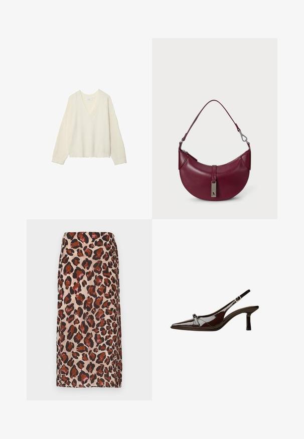 Sveter s výstrihom do V, krémovej farby, s rebrovanou textúrou, vo voľnejšom strihu a dlhými rukávmi. Mäkký materiál, skrátená dĺžka, s jemným pleteným vzorom.; Sukňa midi s leopardím vzorom v odtieňoch hnedej a čiernej na béžovom pozadí. Vyrobená z hladkej tkaniny, s rovnou siluetou.; Hnedá laková slingback obuv s špicatou špičkou, nízkym opätkom a dekoratívnou mašľou vpredu. Hladká, lesklá štruktúra.; Bordová kožená kabelka s oblým dizajnom, horným zipsom a strieborným kovovým akcentom s logom značky.