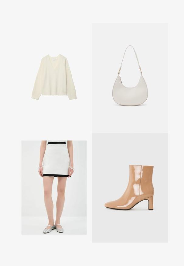 V-Ausschnitt, crèmefarbener Pullover mit geripptem Material, lockerer Passform und langen Ärmeln. Weiches Material, kürzere Länge, mit einem subtilen Strickmuster.; Weißer Minirock mit schwarzem Saum, aus glattem Material. Das Model trägt silberne Ballerinas und ein durchsichtiger Armreif an einem Handgelenk.; Nude-farbene Lack-Stiefeletten mit spitzem Zehenbereich, glänzender Oberfläche und mittelhohem Blockabsatz. Glatte Textur und schlanke Silhouette.; Cremfarbene Leder-Schultertasche mit einer Halbmondform, dünnem Schulterriemen und subtilen Stichdetails. Minimalistisches Design mit goldfarbenen Hardware-Akzenten.