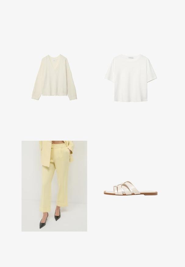 Pull crème à col en V avec texture côtelée, coupe ample et manches longues. Matériau doux, longueur cropped, présentant un motif de tricot subtil.; T-shirt blanc à manches courtes en coton. Doté d'un col ras du cou et d'une coupe décontractée. Texture lisse sans motifs ni accents visibles.; T-shirt blanc à manches courtes en coton. Doté d'un col ras du cou et d'une coupe décontractée. Texture lisse sans motifs ni accents visibles.; Calliope PANTALONE - Pantalon classique - giallo limone; Sandales plates avec une semelle en caoutchouc beige, conçues avec trois brides en cuir blanc se chevauchant et un petit nœud au centre.