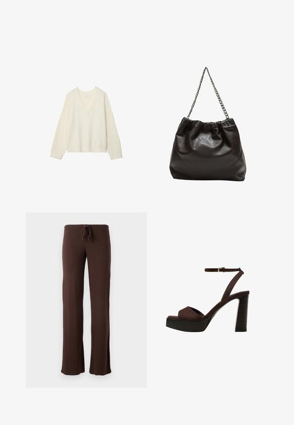 V-neck, cream sweater with ribbed texture, loose fit, and long sleeves. Soft material, cropped length, featuring a subtle knit pattern.; Brown jogger pants made from soft fabric. Features a drawstring waistband and flared legs for comfort. No visible patterns or hardware.; Brown suede high-heeled sandal with an open toe, adjustable ankle strap, and a striped platform sole.; Brown leather bag with a gathered top and a chain strap. Smooth texture with a glossy finish and subtle seam detailing on the sides.